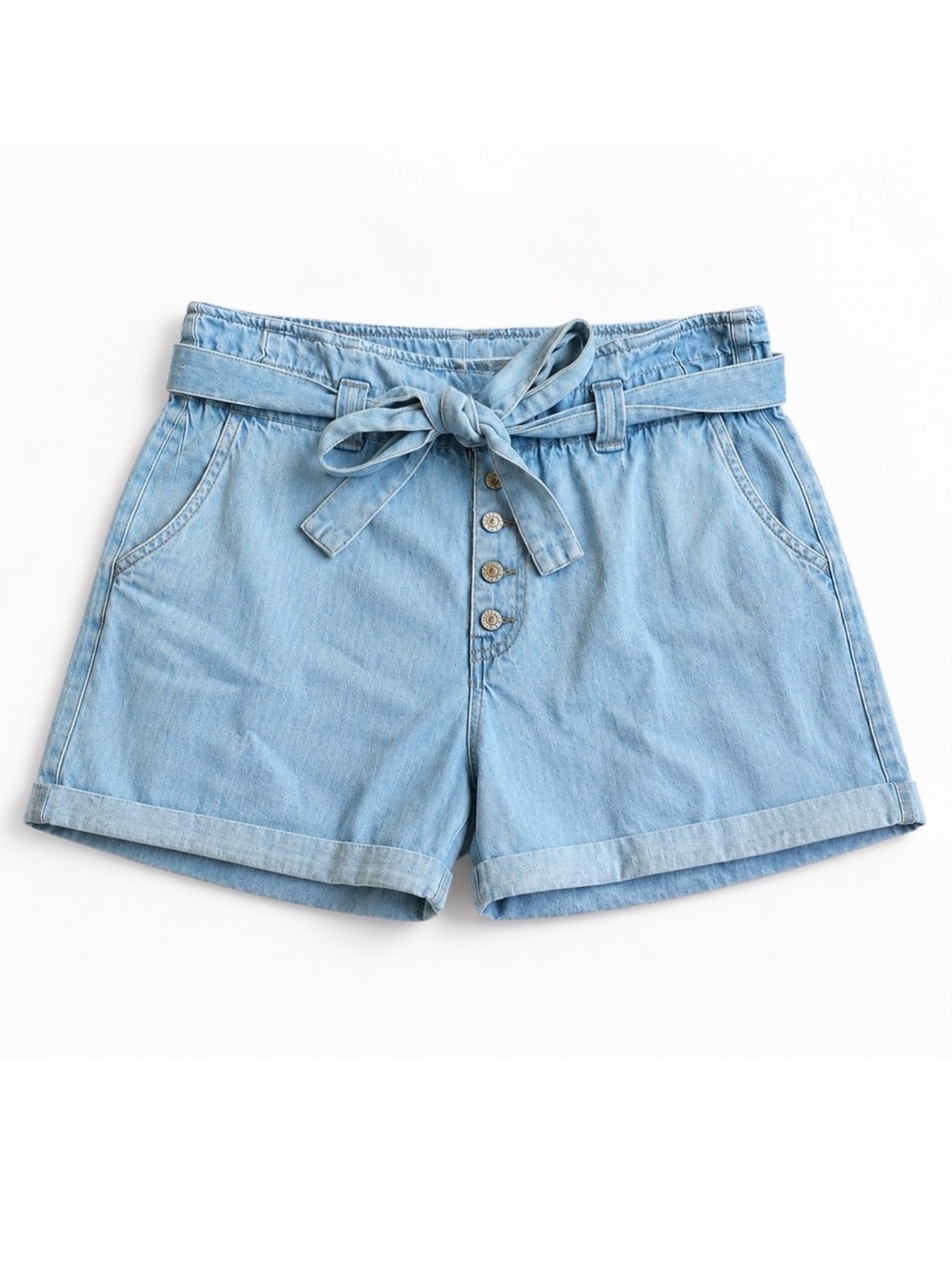 PLUS SIZE 2XL Paperbag High Waist Tie-Belt Button Fly Denim Jean Blue Shorts